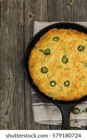 Skillet Jalapeno Cornbread On Dark Wooden Background Overhead View