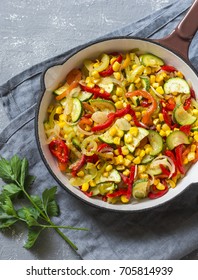 Skillet Vegetarian Vegetable Fajitas On The Gray Table, Top View