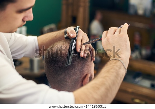 Skillful Hairdressers Hands Cutting Off Male Stock Photo Edit Now