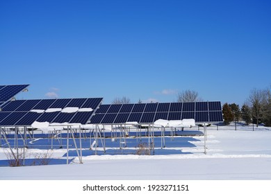 SKILLMAN, NJ -20 FEB 2021- View Of Solar Panels Covered With Snow At A Solar Farm In Montgomery, New Jersey, United States, After A Snowfall.