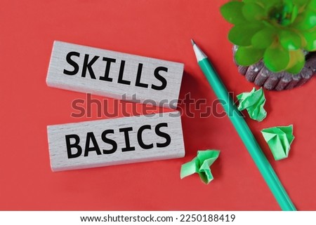 SKILLS BASICS - words on wooden bars on a red background with a handle, cactus and papers. Education concept