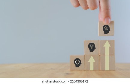 Skills Development Concept. New Skills For Technology Evolution. Soft, Thinking,digital Skill. Hand Holds Wooden Cubes With Digital Skill Icon On White Background, Copy Space. Reskilling, Upskilling.