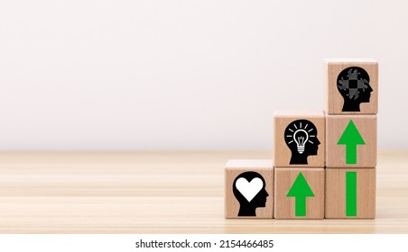 Skills Development Concept. New Skills For Technology Evolution. Soft, Thinking,digital Skill. Hand Holds Wooden Cubes With Digital Skill Icon On White Background, Copy Space. Reskilling, Upskilling.