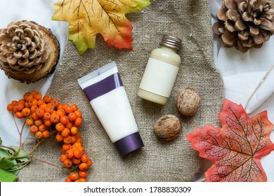 skin care products. two jars filled with cream with dry yellow and orange leaves and plants. organic herbal cosmetics - Shutterstock ID 1788830309