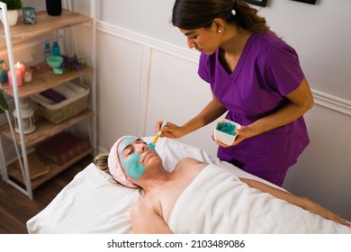 Skin Care Treatment. Professional Therapist Putting A Mud Mask On A Caucasian Older Woman Relaxing On The Beauty Spa 