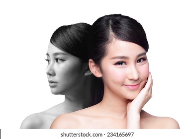 Skin Care woman after and before - portrait of the woman with beauty face and perfect skin isolated on white background, asian