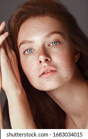 Skin Care. Woman With Beautiful Freckles And Healthy Hydrated Skin. Sensitive Girl Model With Natural Makeup. High Quality Image