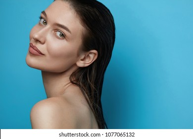 Skin Care. Young Woman With Beauty Face Without Makeup And Wet Hair. High Quality