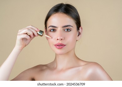 Skin Tone. Eye Corrector. Natural Make Up For Eyes Close Up. Model Face Of Beautiful Woman With Foundation On Skin Make-up Cosmetics. Perfect Skin Tone. Apply Concealer And Cosmetic Highlighter