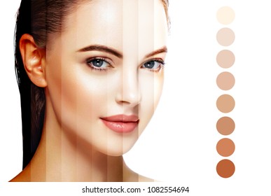 Skin tone woman healthy skin female face with different colors of cream tone