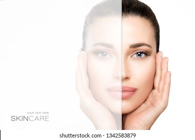 Skincare And Beauty Concept. Gorgeous Natural Young Woman With Flawless Complexion Cupping Her Face In Her Hands Divided By An Opaque Overlay Over One Half With Copy Space.  Beauty Portrait Isolated