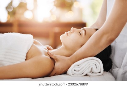 Skincare, beauty and massage with woman in spa for wellness, luxury and cosmetics treatment. Relax, peace and zen with female customer and hands of therapist for physical therapy, salon and detox - Powered by Shutterstock