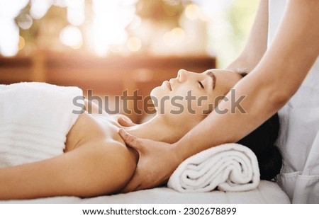 Skincare, beauty and massage with woman in spa for wellness, luxury and cosmetics treatment. Relax, peace and zen with female customer and hands of therapist for physical therapy, salon and detox