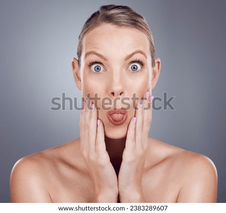 Skincare, beauty and portrait of woman with tongue out in studio for makeup, cosmetics and wellness. Female model, funny face and expression for facial aesthetic, glow and emoji on background