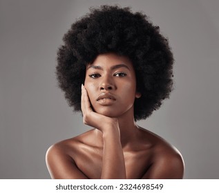 Skincare, black girl and makeup with confidence in portrait for wellness in studio background with afro. Beauty, face and glowing skin with african woman with cosmetics for dermatology with makeup. - Powered by Shutterstock