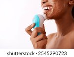 Skincare, black woman and smile with cleanser, grooming and cosmetics on white background. Female person, exfoliating and happiness for aesthetic in beauty, wellness and dermatology for natural glow