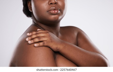 Fitness Concept. Portrait of happy black plus size woman holding