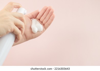 Skincare Bottle, Facewash Dispenser In A Woman's Hand, Copy Space