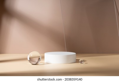 Skincare And Cosmetic Product Showcase Stand Photography For Online Marketing Include Crystal Ball And White Stand On Beige Background