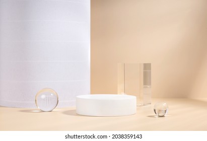 Skincare And Cosmetic Product Showcase Stand Photography For Online Marketing Include Crystal Ball And White Stand On Beige Background