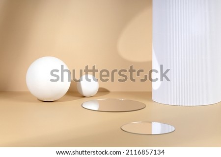 Skincare and cosmetic product showcase stand photography for online marketing include white wood ball and mirror stand on beige background