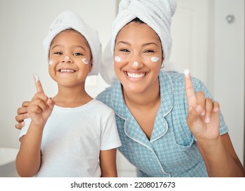 Skincare, grooming and portrait of mother and daughter smile, happy with hygiene treatment and face cream while bonding in bathroom. Cleaning, beauty and facial with excited girl and parent selfcare - Powered by Shutterstock