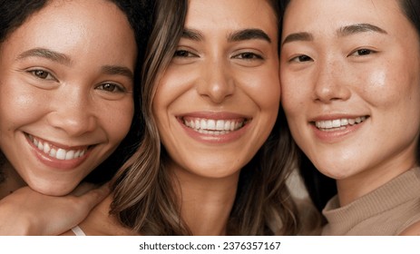 Skincare group, face or women smile for anti aging cosmetics, beauty glow and spa wellness support. Equality, cosmetology closeup or diversity portrait of unique friends together on studio background - Powered by Shutterstock