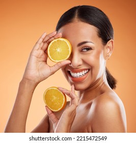 Skincare, Makeup And Beauty Girl With Orange Product For Diy Facial Treatment, Cosmetics Or Self Care. Natural Detox, Fruit And Happy Black Woman Face With Smile, Glowing Skin And Body Care Nutrition