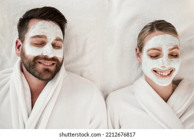 Skincare, spa and face mask with relax couple smile, happy and luxury cosmetic treatment together from above. Man and woman skincare, beauty and wellness at a health clinic for relaxation body care - Powered by Shutterstock