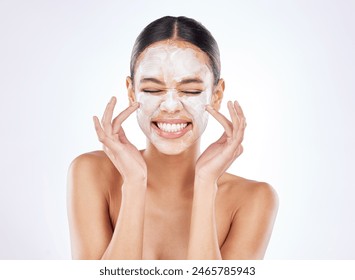 Skincare, woman and face mask in studio with eyes closed for cosmetics, treatment or dermatology on white background. Spa, wellness and model for satisfaction, clear skin or grooming on mockup - Powered by Shutterstock