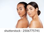 Skincare, women and portrait in studio space with confidence, support and natural beauty. Sisterhood, cosmetics and people on white background with clear skin, mockup or solidarity in identity