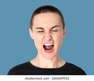 Skinhead Transgender Man, Screaming Face Portrait