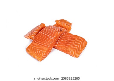skinless salmon slice in different angle and perspectives in high resolution image and isolated in white with blurry ends