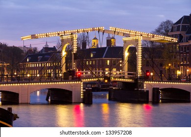 The skinny bridge in Amsterdam, the Netherlands, early in the morning in winter