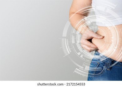 Skinny fat woman figure touches stomach. Abdominal fat and dieting concept. Massaging marks.