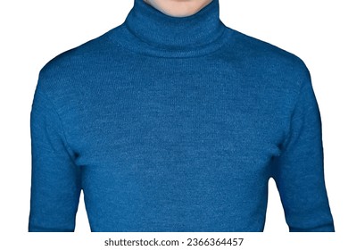 Skinny guy in blue turtleneck men's style of clothing on the white isolated background, close up. - Shutterstock ID 2366364457