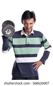 Skinny Guy Doing Exercises With Dumbbells Over White Background