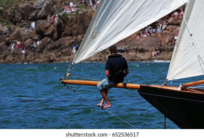 Skipper On Sailing Boat Along Brittany Coast