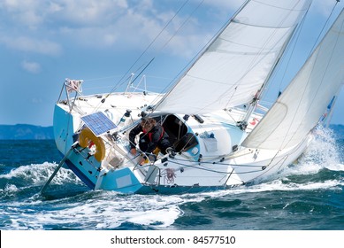 Skipper Sailing On  Yacht At Regatta