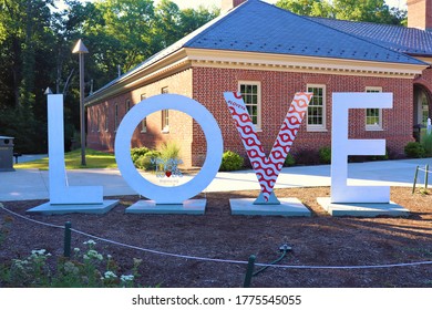 Skippers, Virginia / USA - July 12 2020: Virginia is for Lovers logo at rest area.