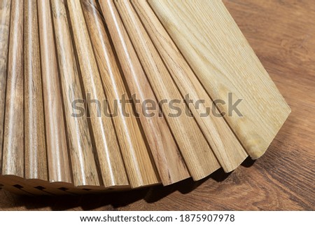 Skirting board background. Samples of Skirting board  with a pattern and wood texture for flooring and interior design. Production of wooden floors