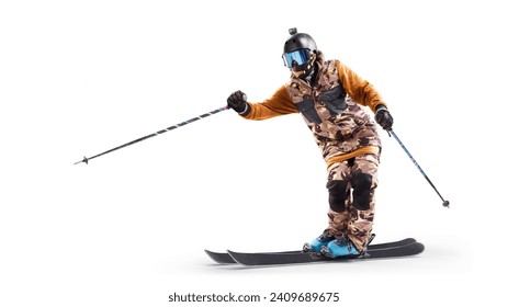 Skis. Skiing Man in action. Skiing sport. In action. Side view. Sportsman in a ski suit. Driving at high speed. Sport. Isolated
