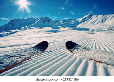 Skis In Snow At Mountains