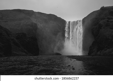 Skogafoss waterfall in South Iceland. Beautiful nature landscape. Black and white toned