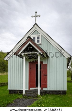 Skogakirkja traditional Icelandic wooden church in Skogar Open Air Museum, with gable roof, Iceland.