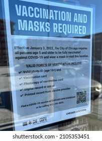 Skokie, IL, USA - January 12 2022: Sign In Front Of A Restaurant Reminding Customers That Vaccination And Masks Are Required Per Cook County Department Of Health.