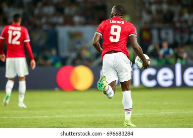 Skopje, FYROM - August 8,2017: Manchester United Romelu Lukaku during the UEFA Super Cup Final match between Real Madrid and Manchester United at Philip II Arena in Skopje