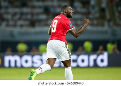 Skopje, FYROM - August 8,2017: Manchester United Romelu Lukaku during the UEFA Super Cup Final match between Real Madrid and Manchester United at Philip II Arena in Skopje