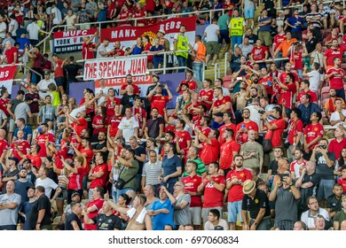 Skopje, FYROM - August 8,2017: Manchester United Fans Celebrating For Their Team During The Match UEFA Super Cup Final Soccer Between Real Madrid Vs Manchester United
