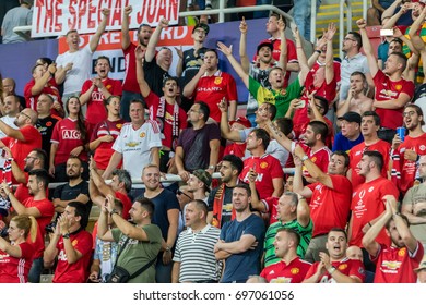 Skopje, FYROM - August 8,2017: Manchester United Fans Celebrating For Their Team During The Match UEFA Super Cup Final Soccer Between Real Madrid Vs Manchester United
